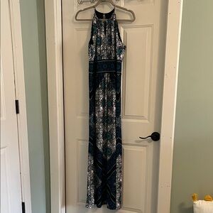 Elegant Blue and Black Patterned Maxi Dress